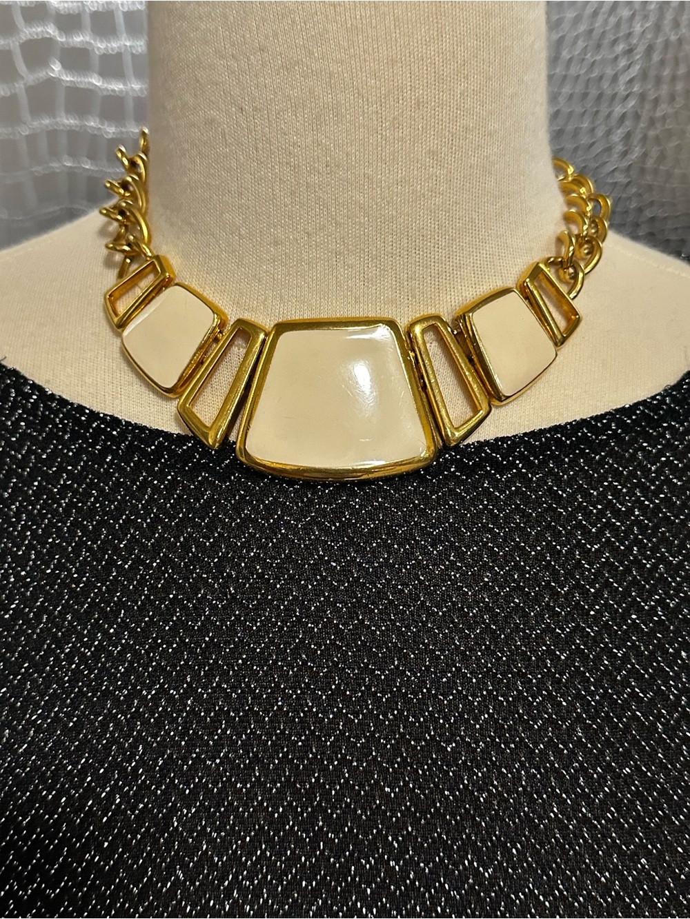 Napier Vintage Gold Tone Statement Necklace with Cream Panels